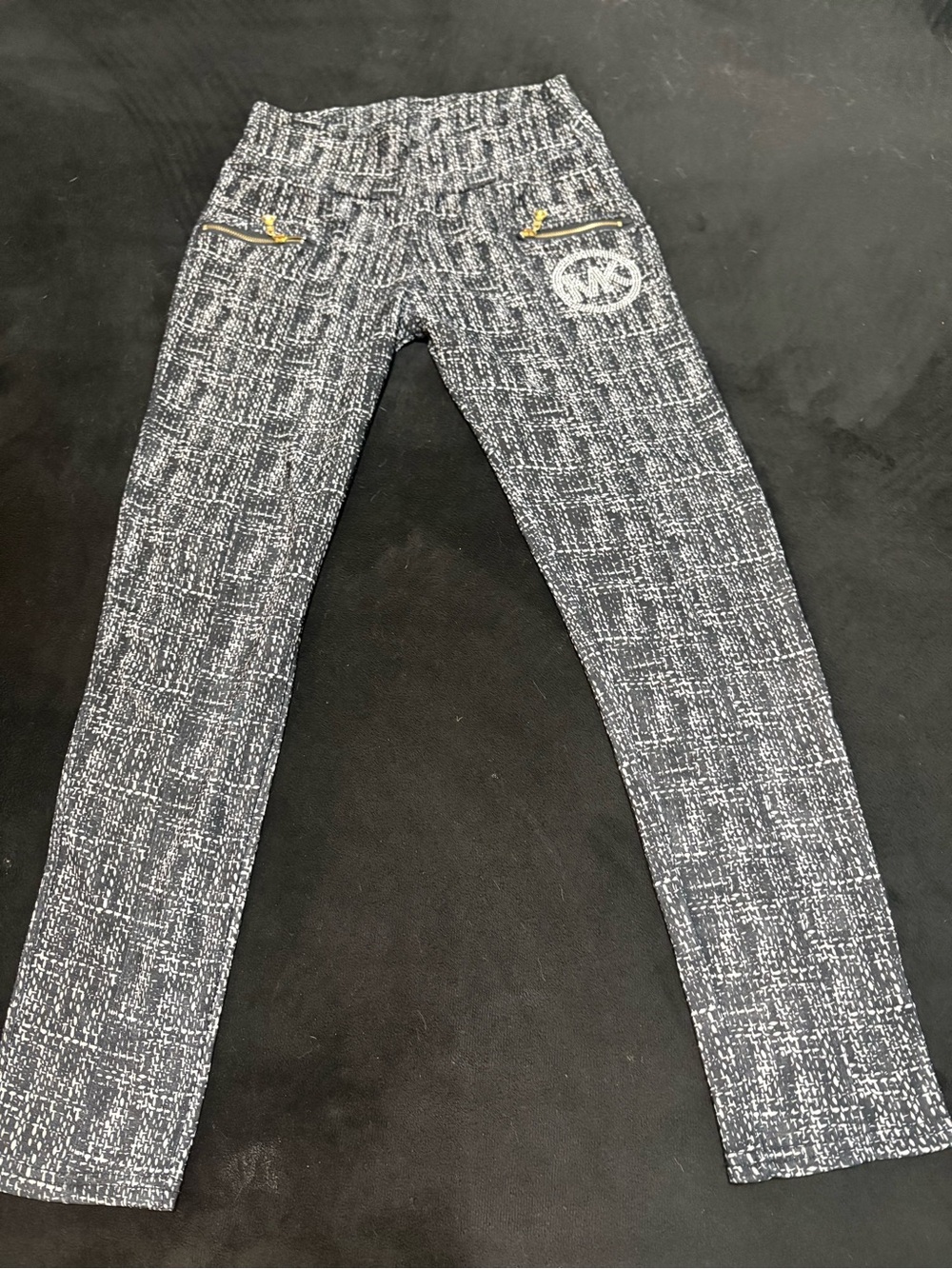 Michael Kors Black & White Tweed-Textured Skinny Jeans with Gold Accents